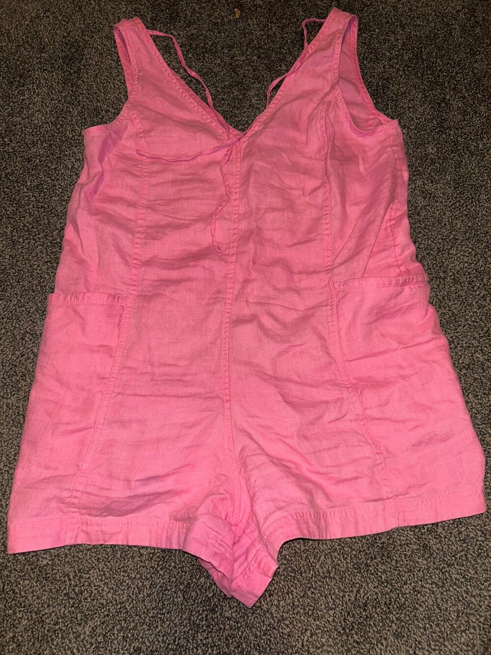 Athleta Retreat Linen Romper Womens s Raphanus Pink V Neck Baggy Casual Boho